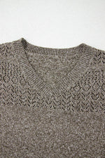 Load image into Gallery viewer, Black Eyelet Pattern Detail V Neck Drop Shoulder Sweater - Fashion Queen
