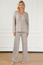 Load image into Gallery viewer, Black Ribbed Knit V Neck Slouchy Two-piece Outfit - Fashion Queen
