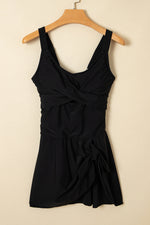 Load image into Gallery viewer, Black Adjustable Straps Cutout Ruched Knot Slit One Piece Swim Dress
