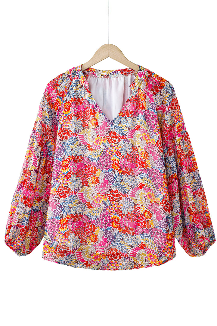 Fiery Red White Floral Print V Neck Long Puff Sleeve Top - Fashion Queen -  10