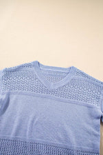 Load image into Gallery viewer, Black Eyelet Pattern Detail V Neck Drop Shoulder Sweater - Fashion Queen

