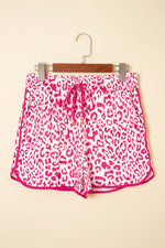 Load image into Gallery viewer, Pink Leopard Elastic Waist Lace up Contrast Trim Casual Shorts
