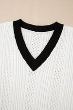Load image into Gallery viewer, White Contrast Trim Eyelet Knit Colorblock V Neck Sweater Vest
