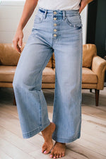 Load image into Gallery viewer, Beau Blue Multi Buttons Pinstripe Wide Leg Jeans

