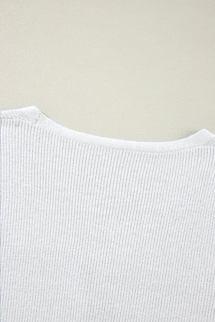White Lightweight Ribbed Knit Button Front V Neck Cardigan