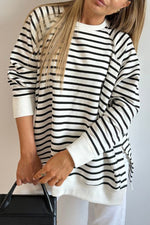 Load image into Gallery viewer, Black Stripe Raglan Sleeve Side Slits Loose Sweatshirt - Fashion Queen -  1
