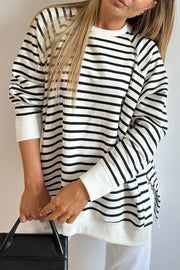 Black Stripe Raglan Sleeve Side Slits Loose Sweatshirt - Fashion Queen -  1