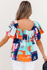 Load image into Gallery viewer, Sky Blue Tropical Printed Square Neck Flutter Sleeve Babydoll Blouse
