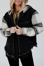 Load image into Gallery viewer, Black Plaid Sleeve Frayed Hem Hooded Denim Jacket
