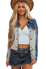 Load image into Gallery viewer, Dusk Blue Color Block Patchwork Flap Detail Distress Denim Jacket
