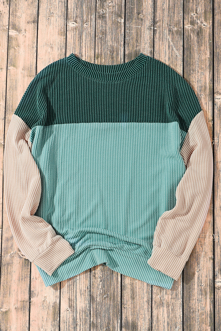 Multicolor Color Block Long Sleeve Ribbed Loose Top - Fashion Queen -  8