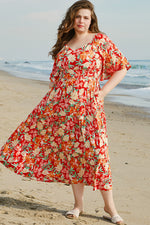 Load image into Gallery viewer, Orange Floral V Neck Flutter Sleeve Cinched Waist Long Plus Size Dress
