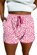 Load image into Gallery viewer, Pink Leopard Elastic Waist Lace up Contrast Trim Casual Shorts
