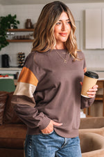 Load image into Gallery viewer, Dark Khaki Color Block Drop Shoulder Pullover Casual Sweatshirt

