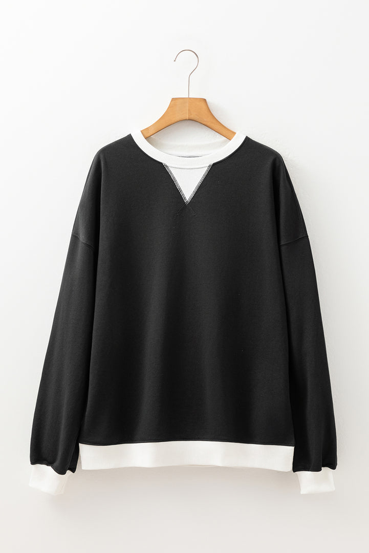 Black Contrast Ribbed Color Block Patchwork Baggy Sweatshirt