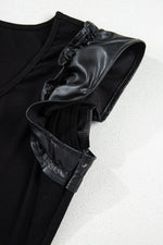 Load image into Gallery viewer, Black Leatherette Ruffle Patchwork Ribbed V Neck Bodysuit
