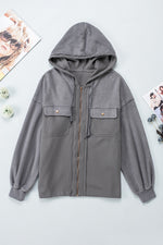 Load image into Gallery viewer, Black Flap Pocket Drawstring Hood Zip Up Jacket
