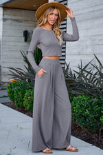 Load image into Gallery viewer, Black Solid Color Ribbed Crop Top Long Pants Set - Fashion Queen
