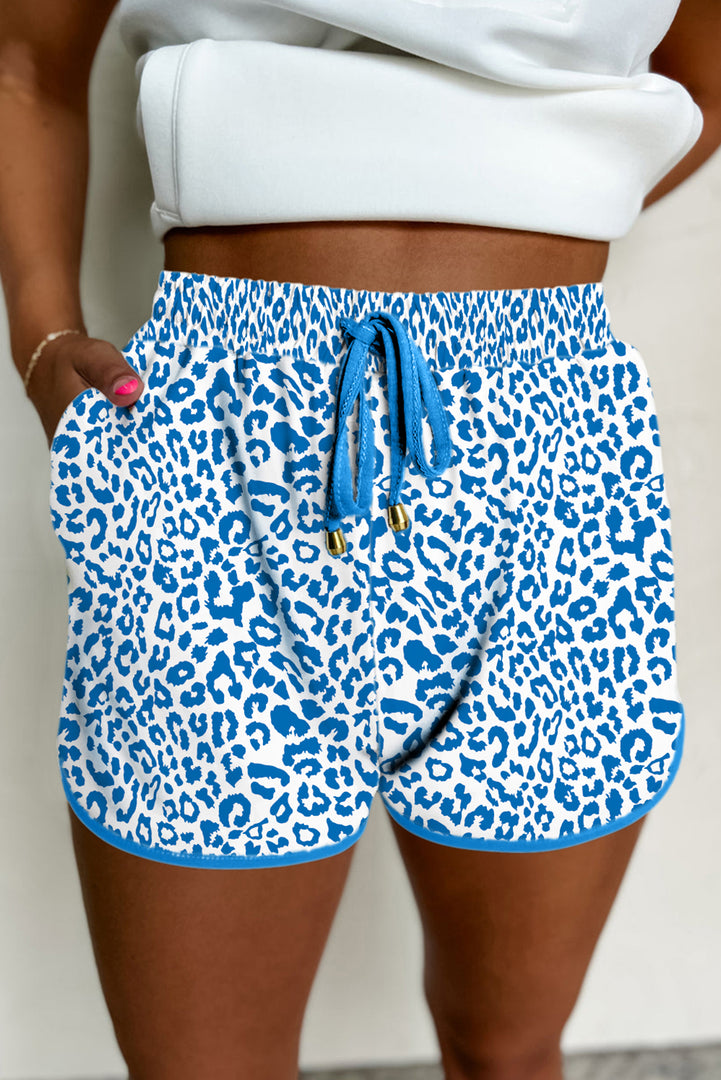 Pink Leopard Elastic Waist Lace up Contrast Trim Casual Shorts