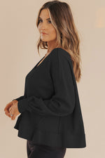 Load image into Gallery viewer, Casual Waffle Knit Notched V Neck Drop Shoulder Solid Sweatshirt
