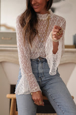 Load image into Gallery viewer, White Sheer Lace Bell Sleeve Mock Neck Blouse - Fashion Queen -  2
