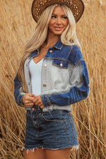 Load image into Gallery viewer, Dusk Blue Color Block Patchwork Flap Detail Distress Denim Jacket
