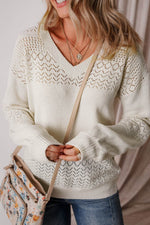 Load image into Gallery viewer, Black Eyelet Pattern Detail V Neck Drop Shoulder Sweater - Fashion Queen
