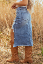 Load image into Gallery viewer, Myosotis Irregular Distressed Bottom Denim Midi Skirt
