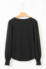 Load image into Gallery viewer, Black Shirred Shoulder Frilled Cuffs Long Sleeve Top
