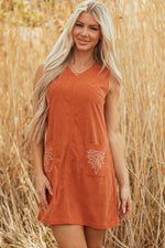 Load image into Gallery viewer, Gold Flame Corduroy Western Embroidered Patched Pocket Shift Sleeveless Mini Dress
