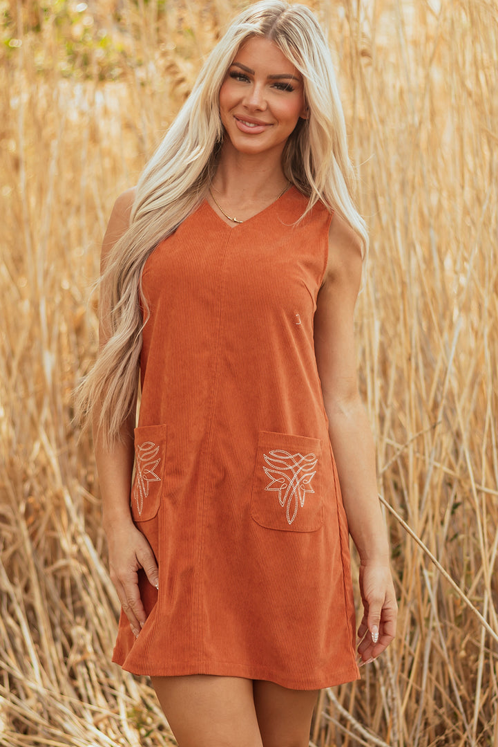 Gold Flame Corduroy Western Embroidered Patched Pocket Shift Sleeveless Mini Dress