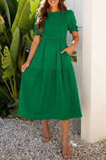 Load image into Gallery viewer, Sail Blue Solid Textured Smocked Puff Short Sleeve High Waist Long Dress
