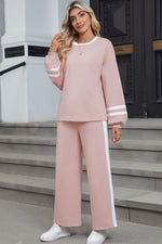 Load image into Gallery viewer, Pink Varsity Stripe Patchwork Puff Sleeve Pullover Drawstring Wide Leg Pant Set
