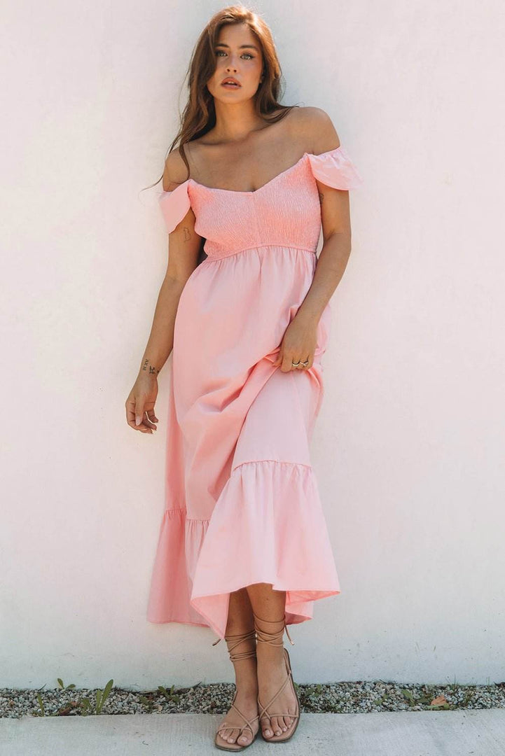 Pink V Neck Flutter Sleeve Smocked Bodice High Waist Ruffle Maxi Dress - Fashion Queen