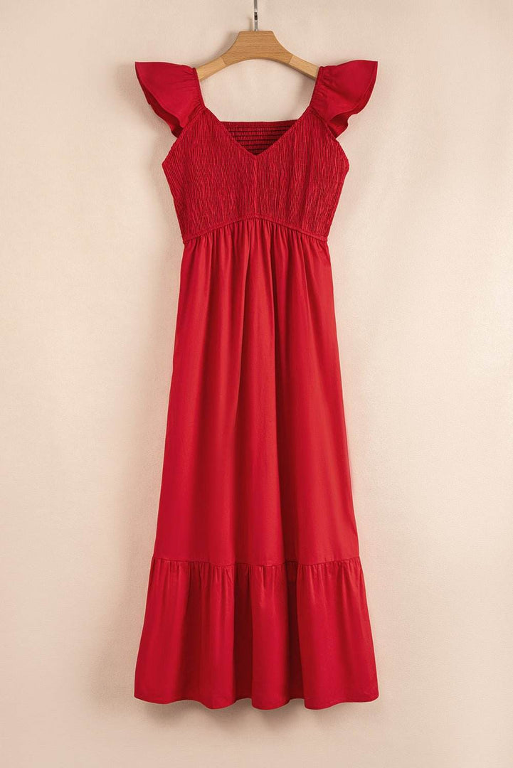 Pink V Neck Flutter Sleeve Smocked Bodice High Waist Ruffle Maxi Dress - Fashion Queen