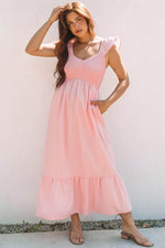 Load image into Gallery viewer, Pink V Neck Flutter Sleeve Smocked Bodice High Waist Ruffle Maxi Dress - Fashion Queen
