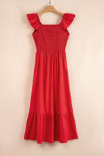 Load image into Gallery viewer, Pink V Neck Flutter Sleeve Smocked Bodice High Waist Ruffle Maxi Dress - Fashion Queen
