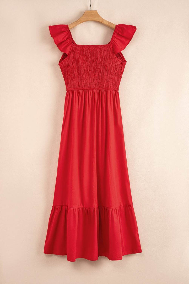 Pink V Neck Flutter Sleeve Smocked Bodice High Waist Ruffle Maxi Dress - Fashion Queen