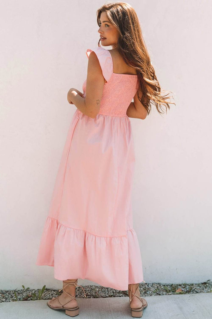 Pink V Neck Flutter Sleeve Smocked Bodice High Waist Ruffle Maxi Dress - Fashion Queen