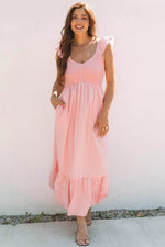 Load image into Gallery viewer, Pink V Neck Flutter Sleeve Smocked Bodice High Waist Ruffle Maxi Dress - Fashion Queen
