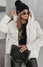 Load and play video in Gallery viewer, White Solid Quilted Hooded Zip Up Puffer Coat
