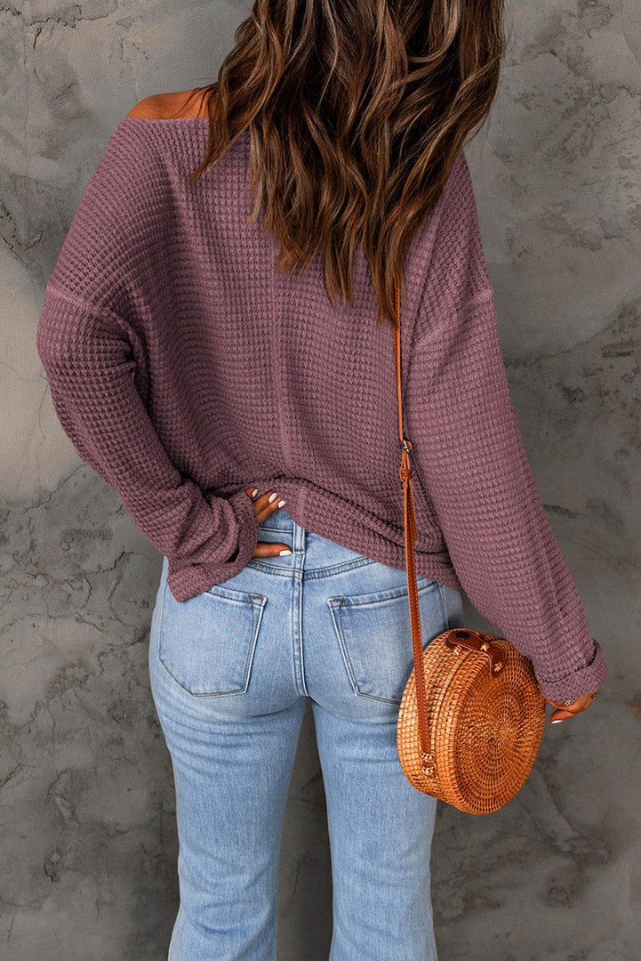 purple Waffle Knit Loose Long Sleeve Top - Fashion Queen -  2