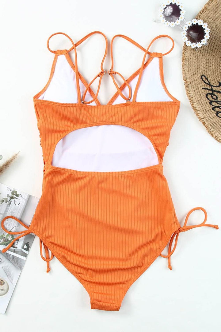 Sky Blue Orange Adjustable Straps Ribbed Knit One Piece Swimsuit - Fashion Queen