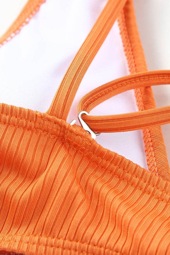 Sky Blue Orange Adjustable Straps Ribbed Knit One Piece Swimsuit - Fashion Queen