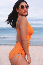 Load image into Gallery viewer, Sky Blue Orange Adjustable Straps Ribbed Knit One Piece Swimsuit - Fashion Queen
