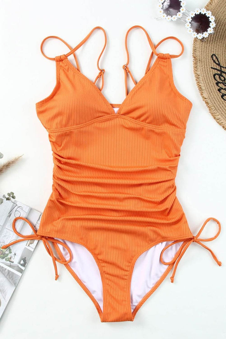 Sky Blue Orange Adjustable Straps Ribbed Knit One Piece Swimsuit - Fashion Queen
