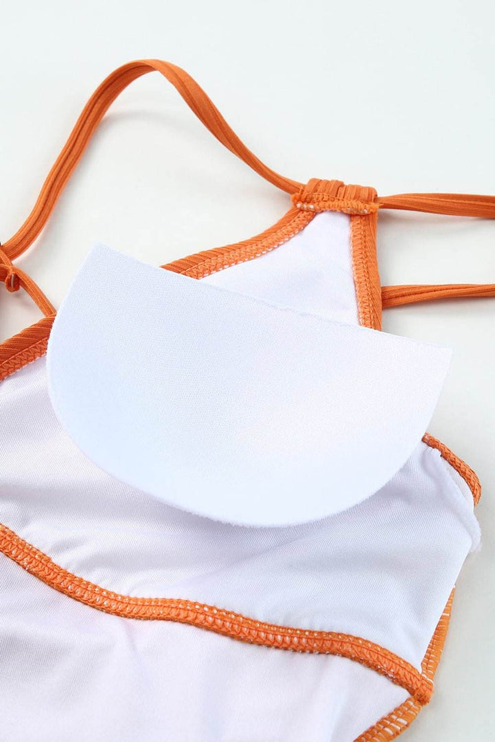 Sky Blue Orange Adjustable Straps Ribbed Knit One Piece Swimsuit - Fashion Queen
